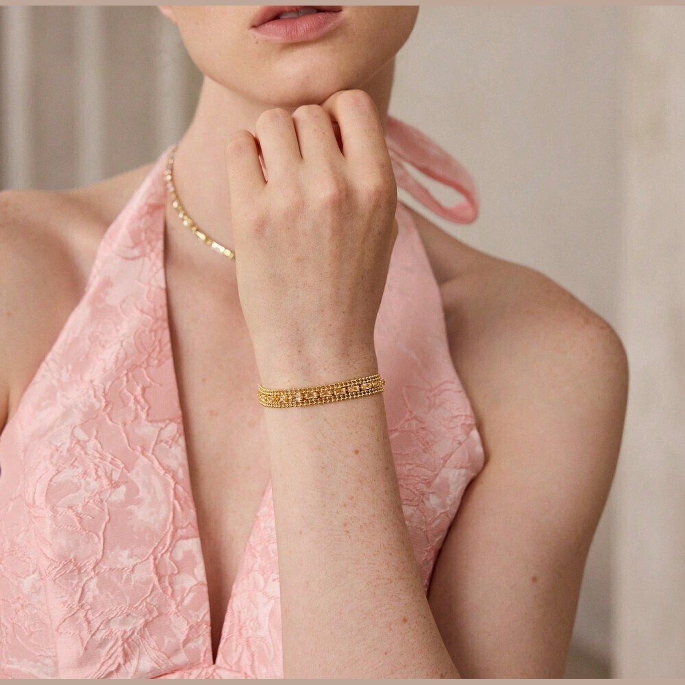 Gold Baguette Crystal Tennis Bracelet with Ball Chain Trim